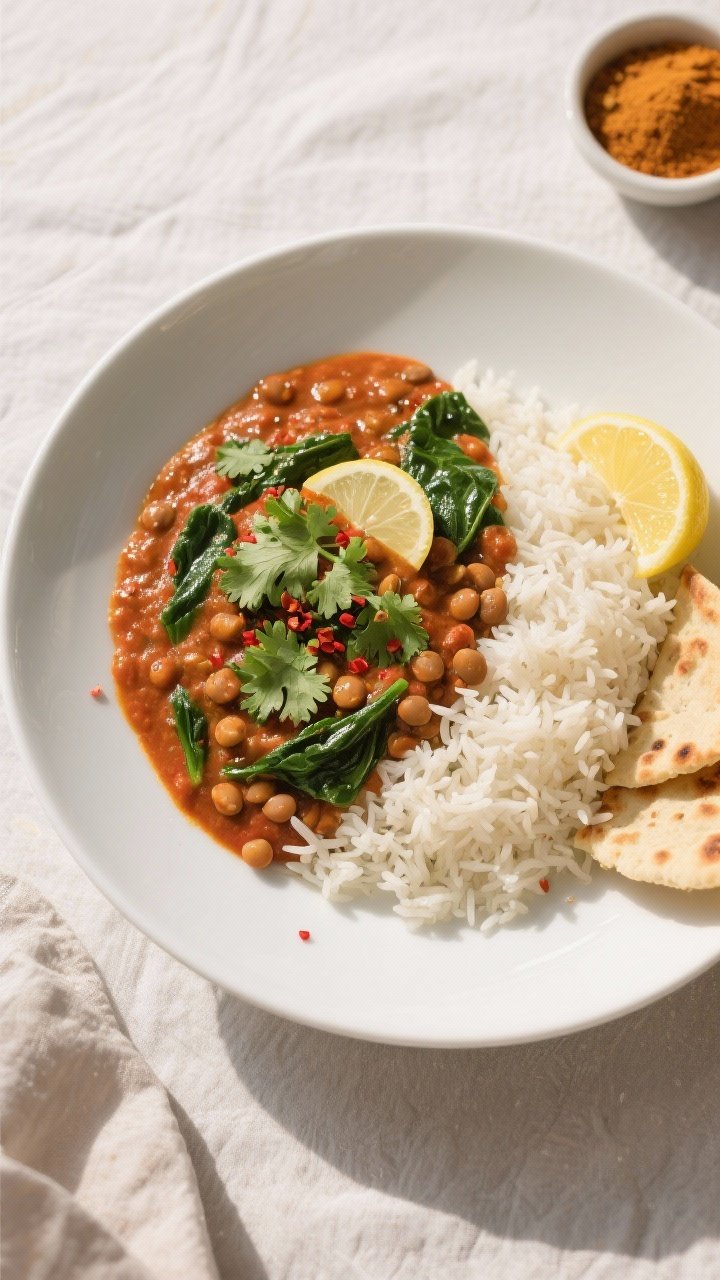 Final plated overhead: Beautifully plated Lentil & Spinach Curry in a wide, shallow white bowl over 