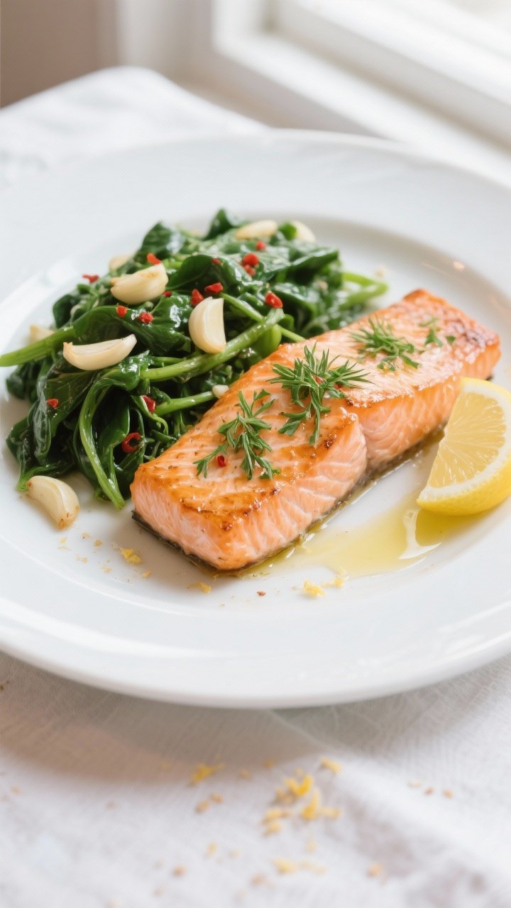 Final plated overhead: Beautifully plated roasted salmon with a mound of glossy garlic spinach besid
