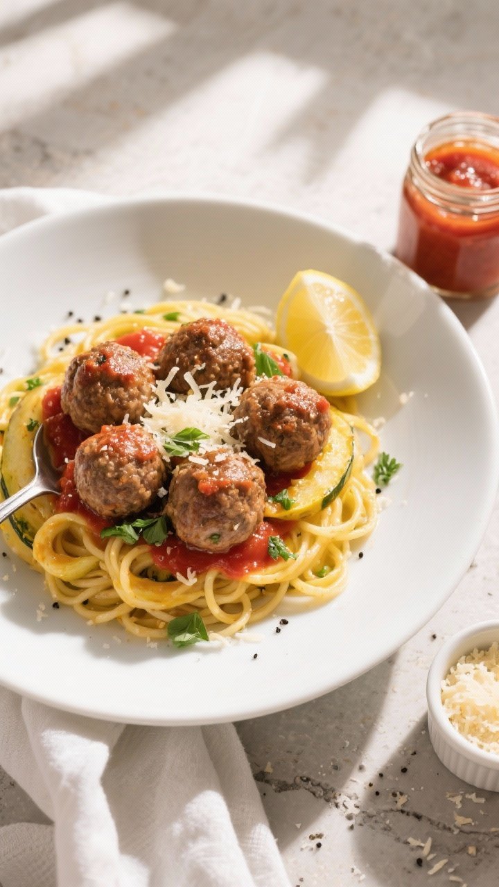 Final plated, overhead: Beautifully plated turkey meatballs with spaghetti squash “noodles” in a