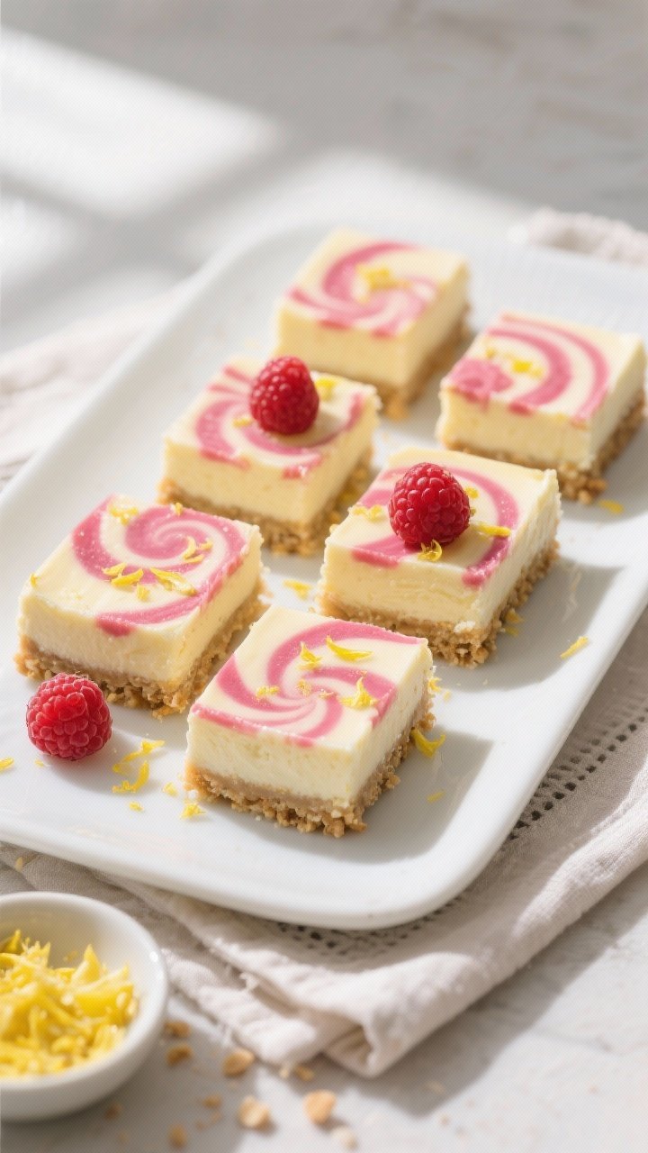 Final plated overhead: Chilled keto lemon raspberry cheesecake bars sliced cleanly into neat squares