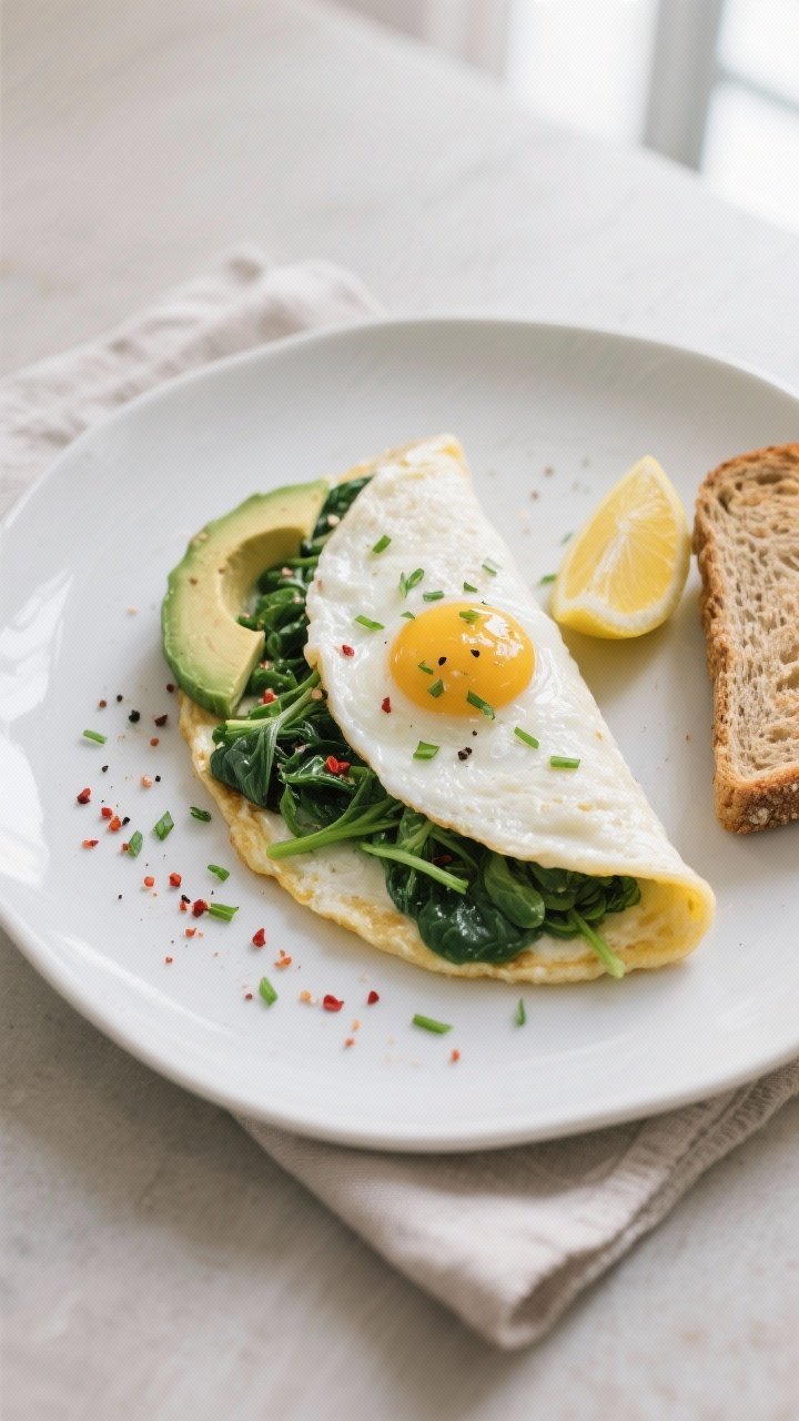 Final plated overhead: Folded egg white omelette with spinach, herbs, and a light crack of black pep