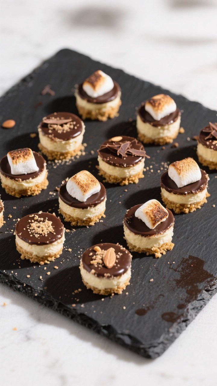 Final plated, overhead hero: Overhead shot of finished Keto S’mores Cheesecake Bites arranged in a