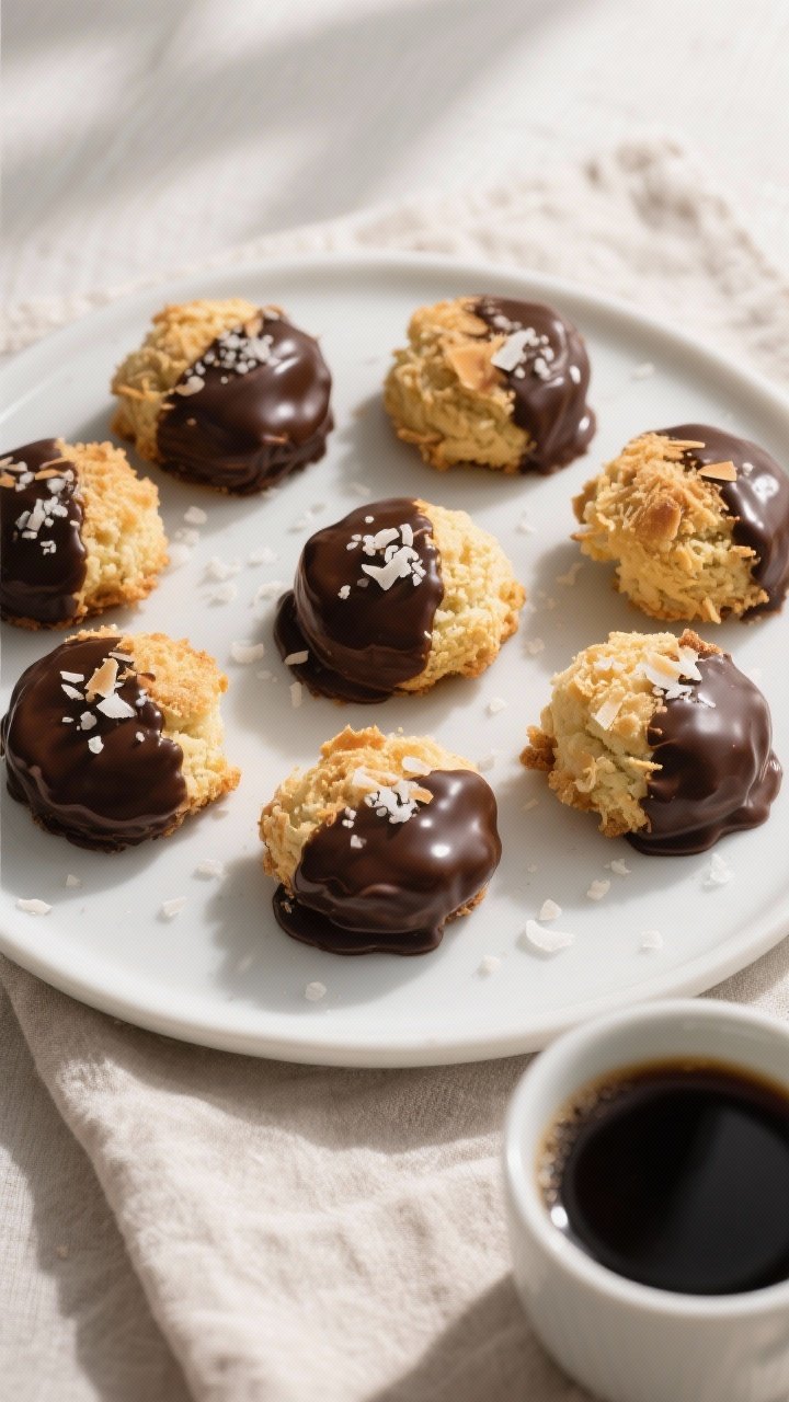 Final plated, overhead hero shot: Overhead shot of keto vanilla bean coconut macaroons dipped in glo