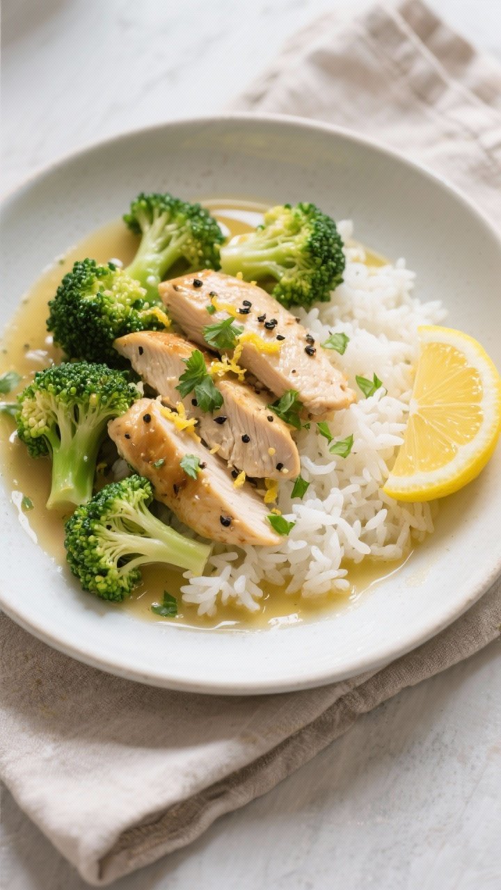 Final plated overhead: Lemon Pepper Chicken & Broccoli served over fluffy white rice in a wide, matt