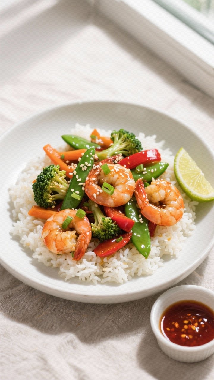Final plated, overhead: Overhead shot of 15-minute shrimp stir-fry served over fluffy jasmine rice i