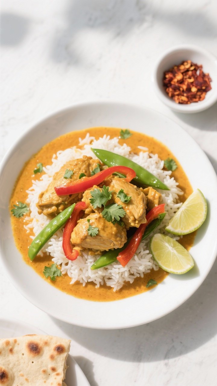 Final plated overhead: Overhead shot of Easy Coconut Curry Chicken ladled over fluffy jasmine rice i