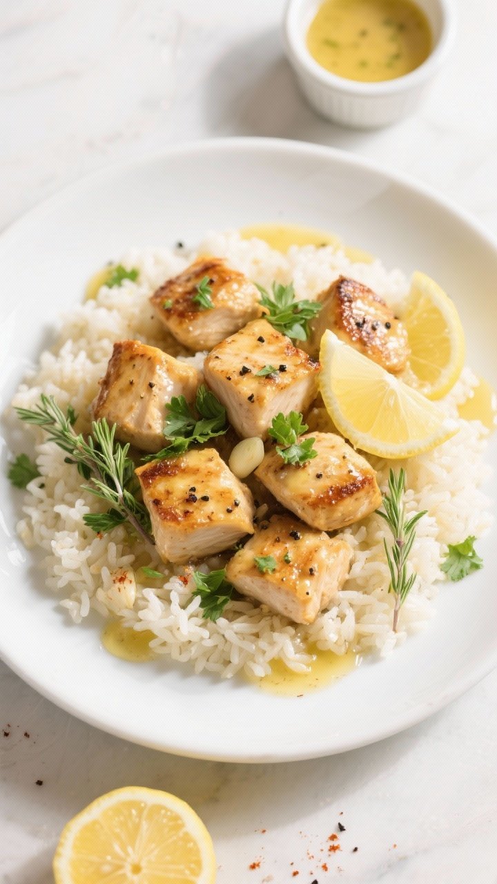 Final plated overhead: Restaurant-quality presentation of Garlic Butter Chicken Bites on a white sha
