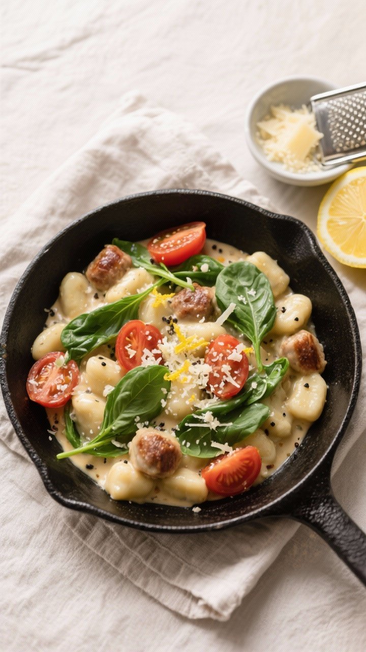 Final plated overhead: Restaurant-quality top-down shot of one-pan creamy sausage gnocchi served str