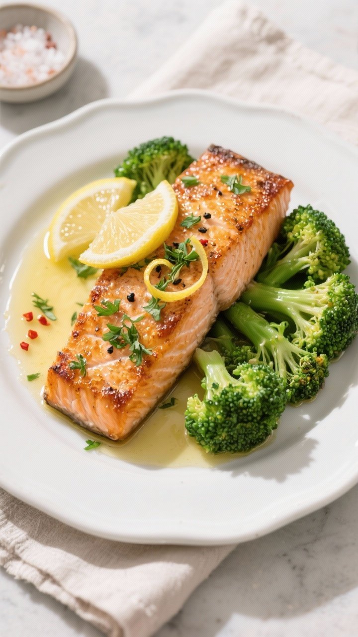 Final plated overhead: Seared salmon with a deep golden crust plated alongside vibrant, tender-crisp