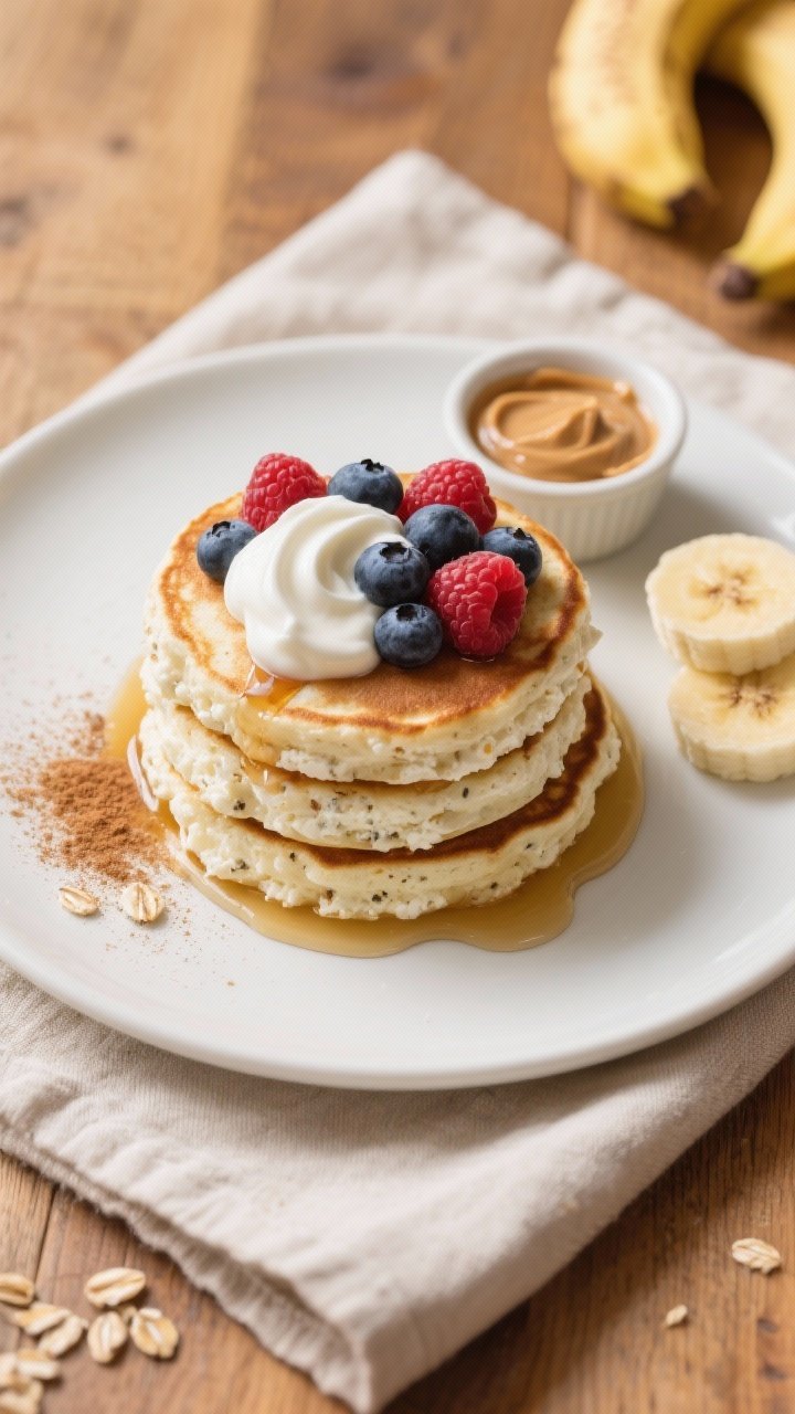 Final plated overhead shot: A stack of small, fluffy cottage cheese pancakes on a matte white plate,