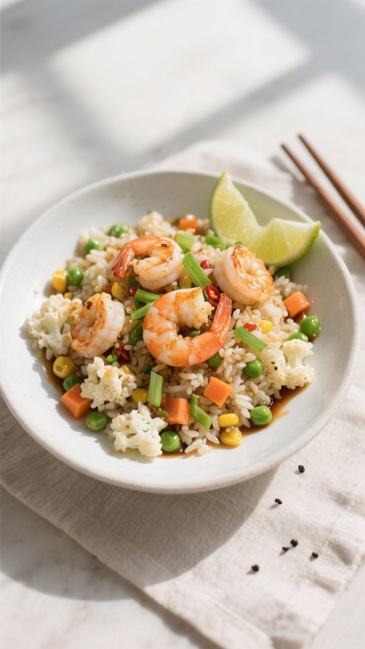 Final plated, overhead shot: Beautifully plated Shrimp & Cauliflower Fried Rice in a wide, shallow w