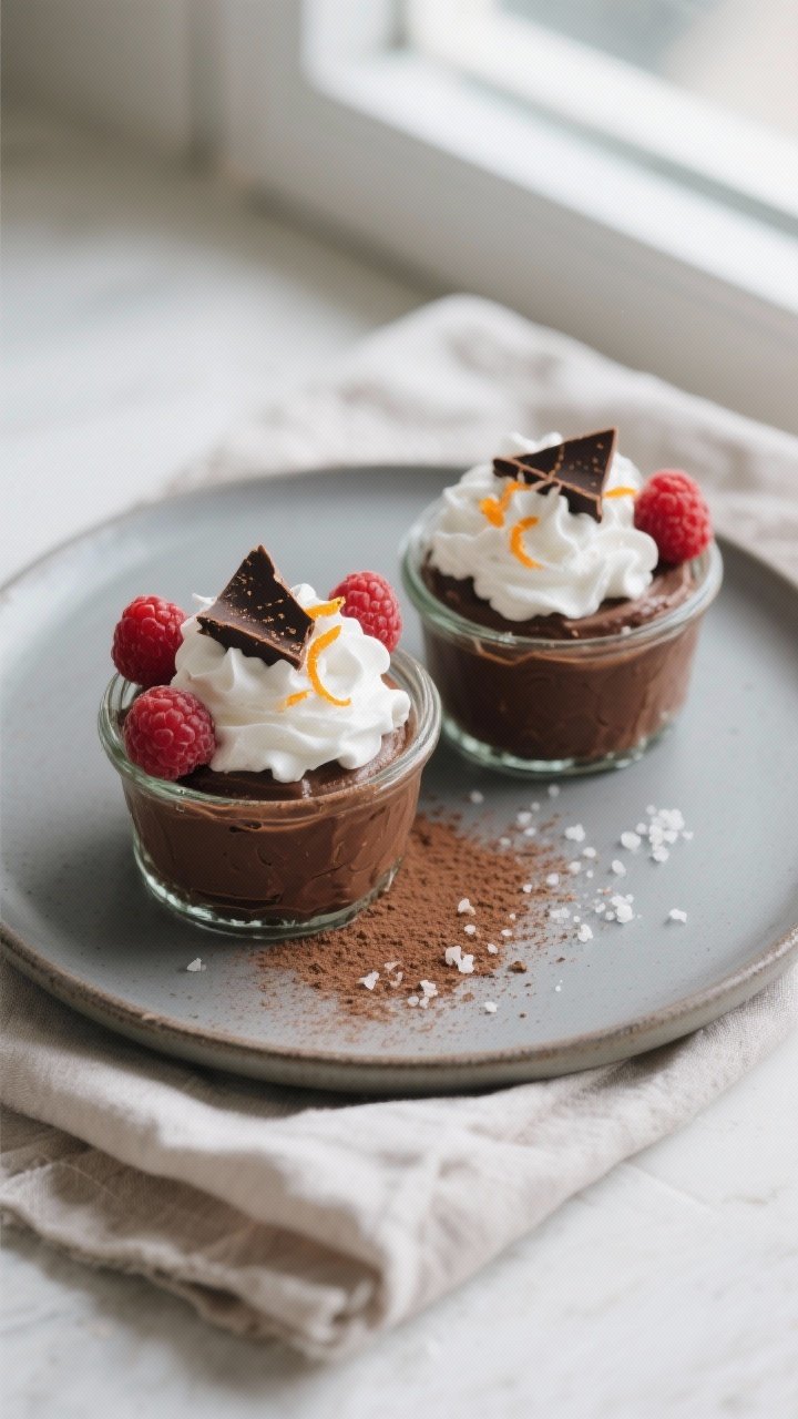 Final plated overhead shot: Keto chocolate coconut mousse set in two glass ramekins, topped with a c