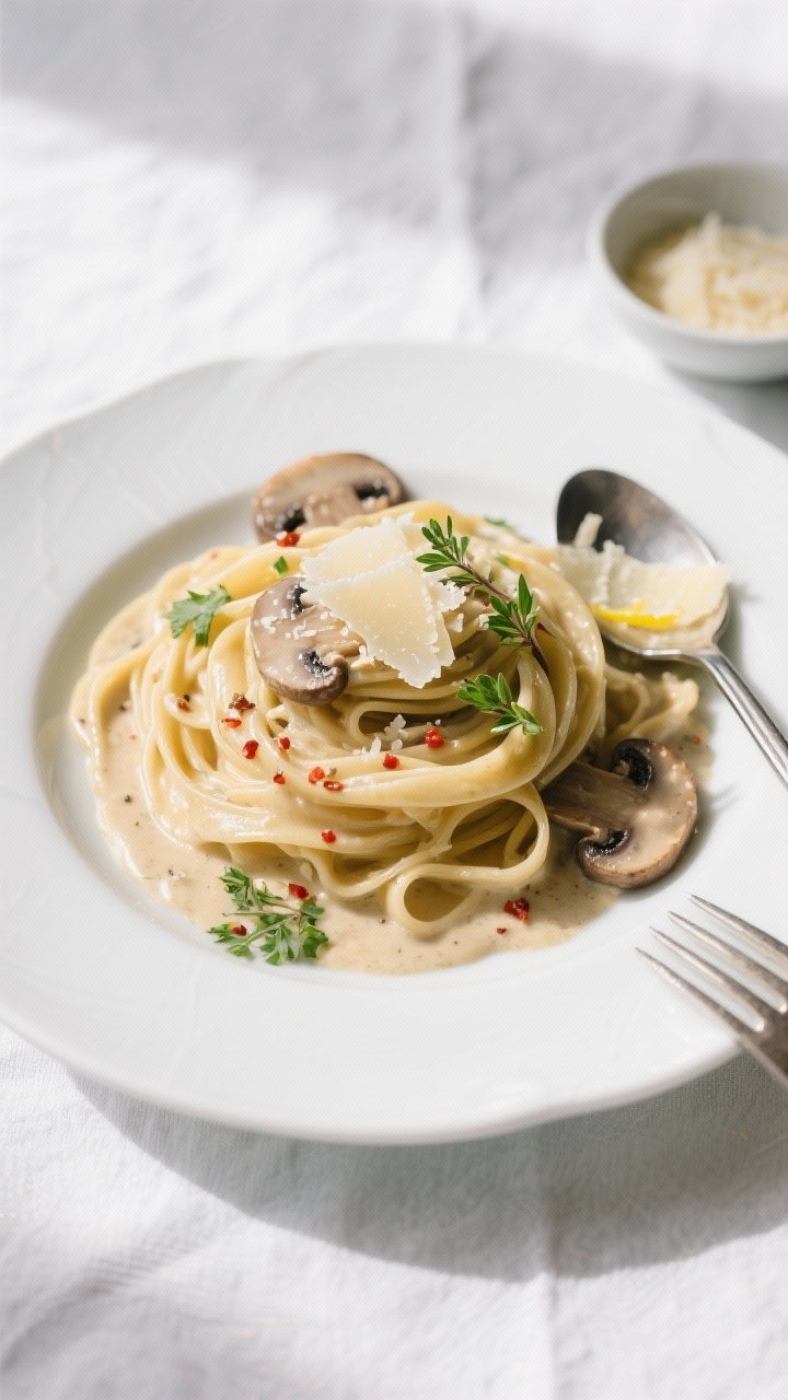 Final plated overhead: Silky creamy mushroom fettuccine twirled into nested mounds on a wide white c
