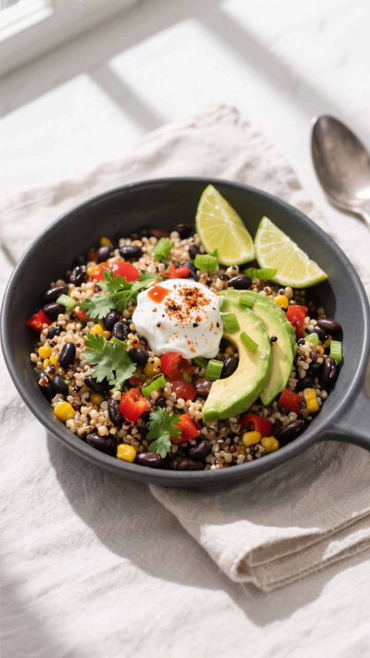 Final plated overhead: Spicy Black Bean & Quinoa Skillet served in a wide, matte charcoal bowl, ; qu