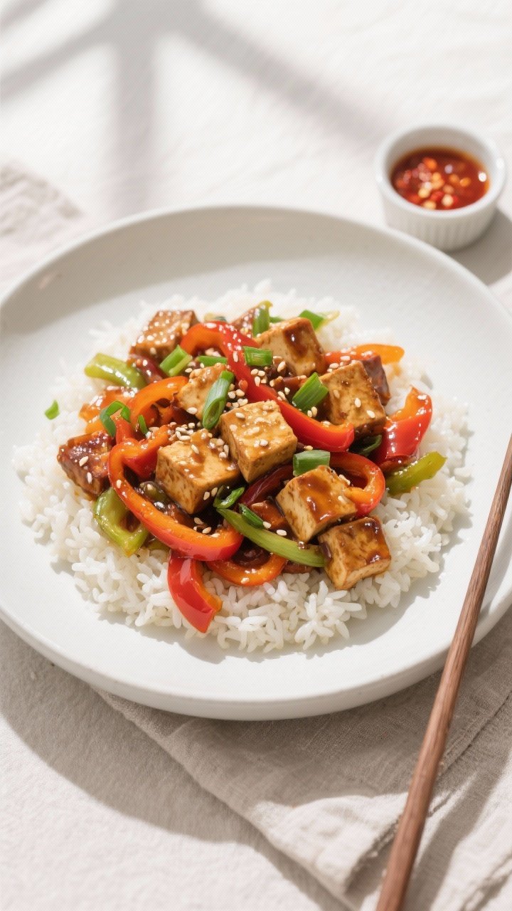 Final plated overhead: Spicy Tofu & Bell Pepper Stir-Fry served over fluffy jasmine rice in a wide m
