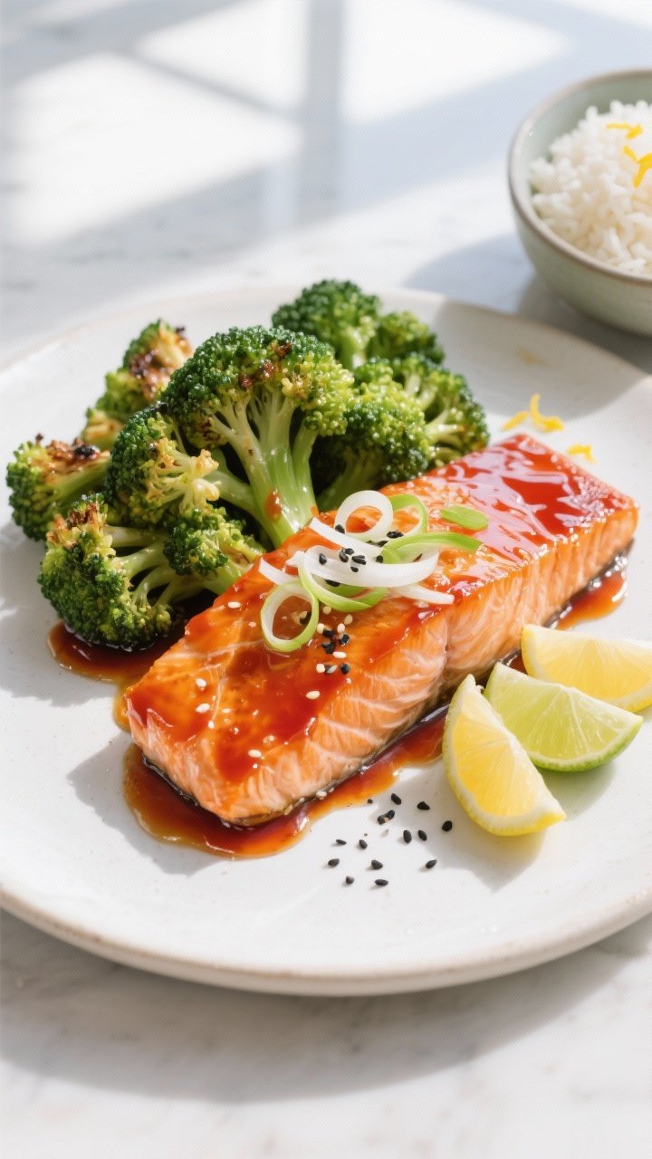 Final plated overhead: Sriracha Honey Glazed Salmon plated on a matte white ceramic plate with a nea