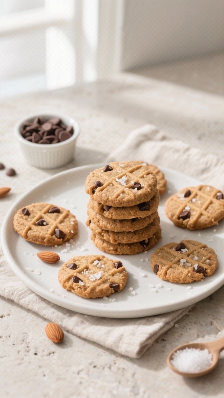 Final plated overhead: Tasty top-down hero shot of a tidy stack of keto almond butter cookies on a m