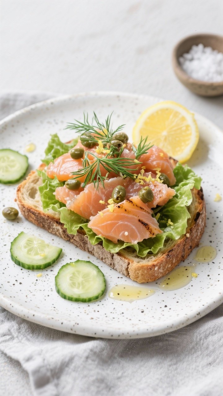Final plated, overhead: Tasty top view of salmon salad piled on grilled sourdough toast with frilly 