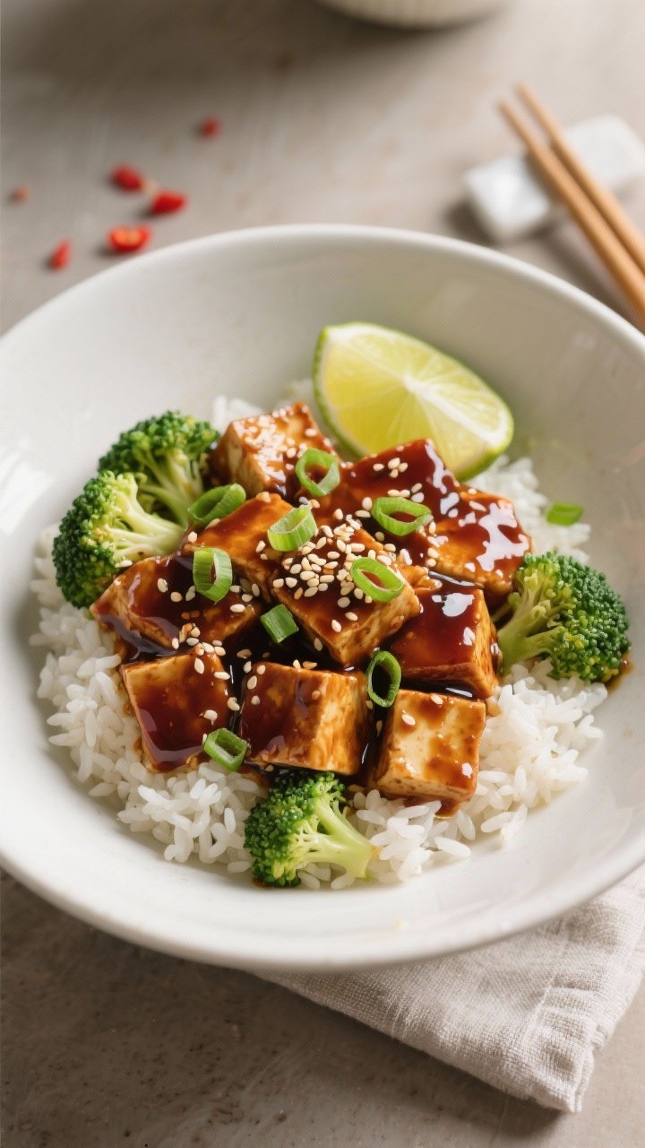 Final plated overhead: Teriyaki Tofu & Broccoli Bowl served over fluffy jasmine rice in a wide, matt