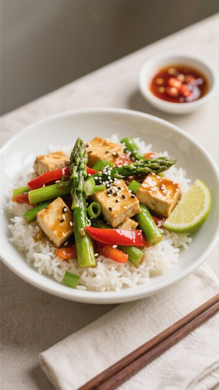 Final plated overhead: Tofu & Asparagus Stir-Fry served over fluffy jasmine rice in a wide white cer