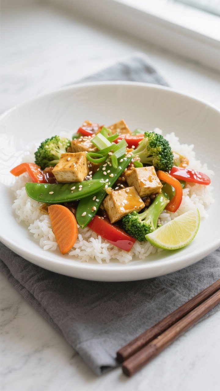 Final plated overhead: Tofu & vegetable stir-fry served over fluffy jasmine rice in a wide, shallow 