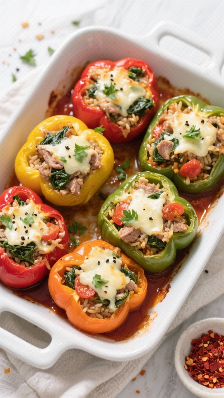 Final plated overhead: Turkey and Spinach Stuffed Peppers baked and topped with lightly golden, melt