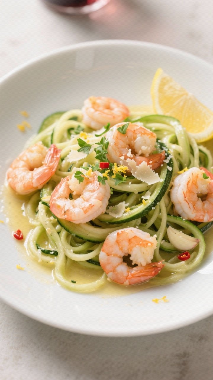 Final plated overhead: Zucchini noodles with garlic shrimp twirled into soft nests on a wide white s