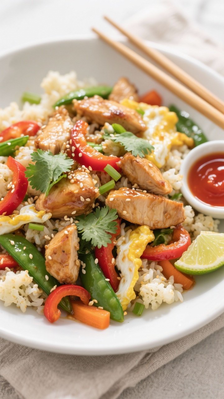 Final plated, tasty : Overhead shot of Chicken & Cauliflower Rice Stir-Fry piled in a wide white sha