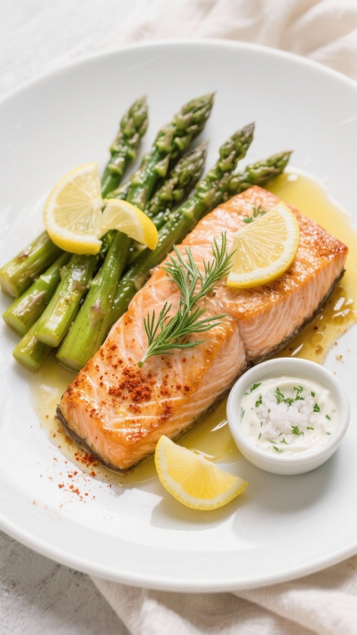 Final plated, tasty top view: Overhead shot of a beautifully plated baked salmon with asparagus on a