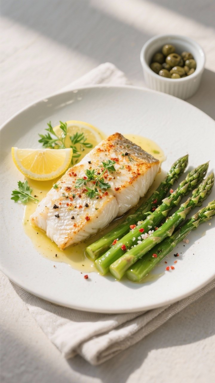 Final plated, tasty top view: Overhead shot of a composed plate featuring a lemon-herb baked tilapia