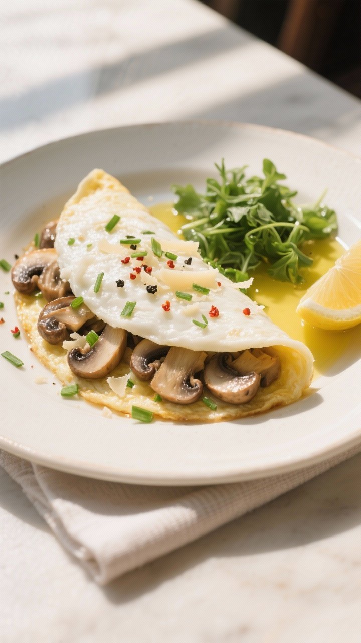 Final plated, tasty top view: Overhead shot of a folded egg white & mushroom omelette on a warm whit