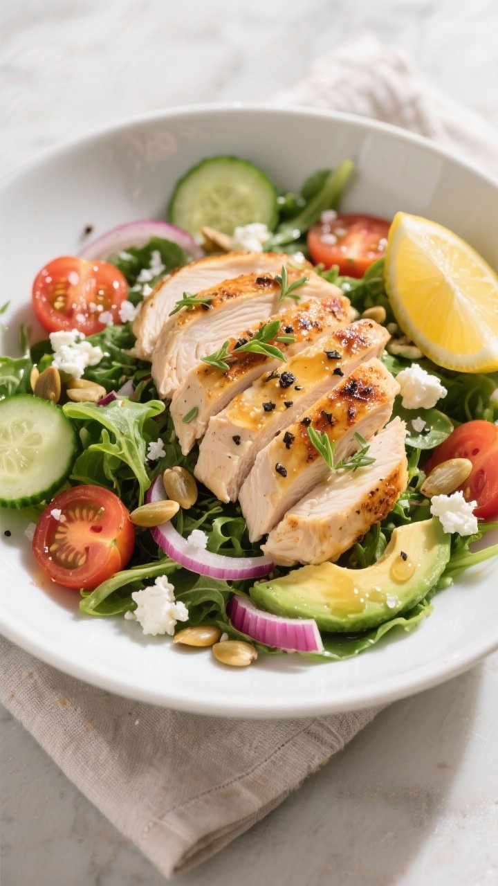 Final plated, tasty top-view: Overhead shot of a vibrant grilled chicken salad in a wide, shallow wh