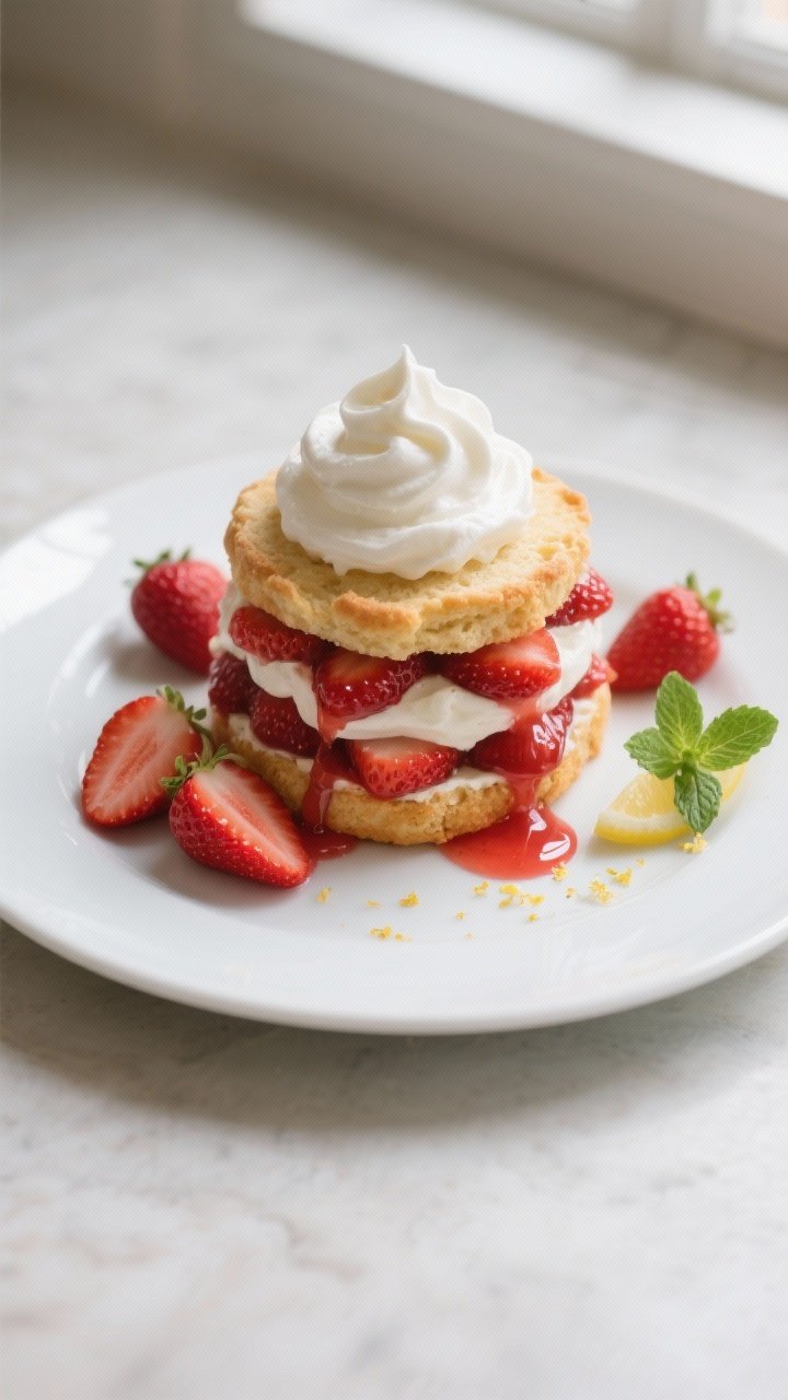 Final plated, tasty top view: Overhead shot of an assembled Keto Strawberry Shortcake on a matte whi