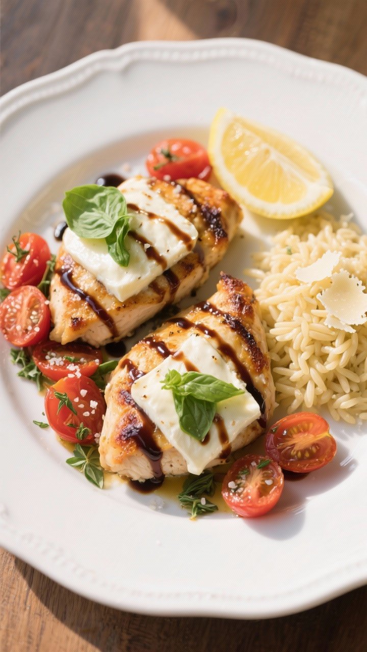 Final plated, tasty top view: Overhead shot of Baked Caprese Chicken plated on a white ceramic dinne