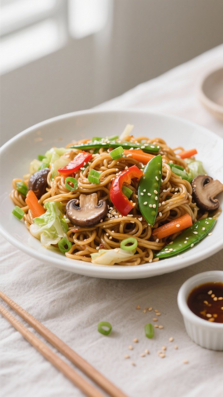 Final plated, tasty top view: Overhead shot of beautifully plated Quick Veggie Lo Mein in a wide whi