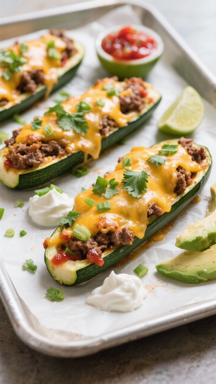 Final plated, tasty top view: Overhead shot of Beef Taco Stuffed Zucchini boats on a parchment-lined