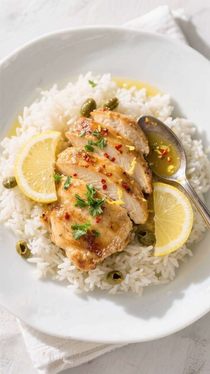 Final plated, tasty top view: Overhead shot of Lemon Garlic Chicken Skillet plated on a wide white c