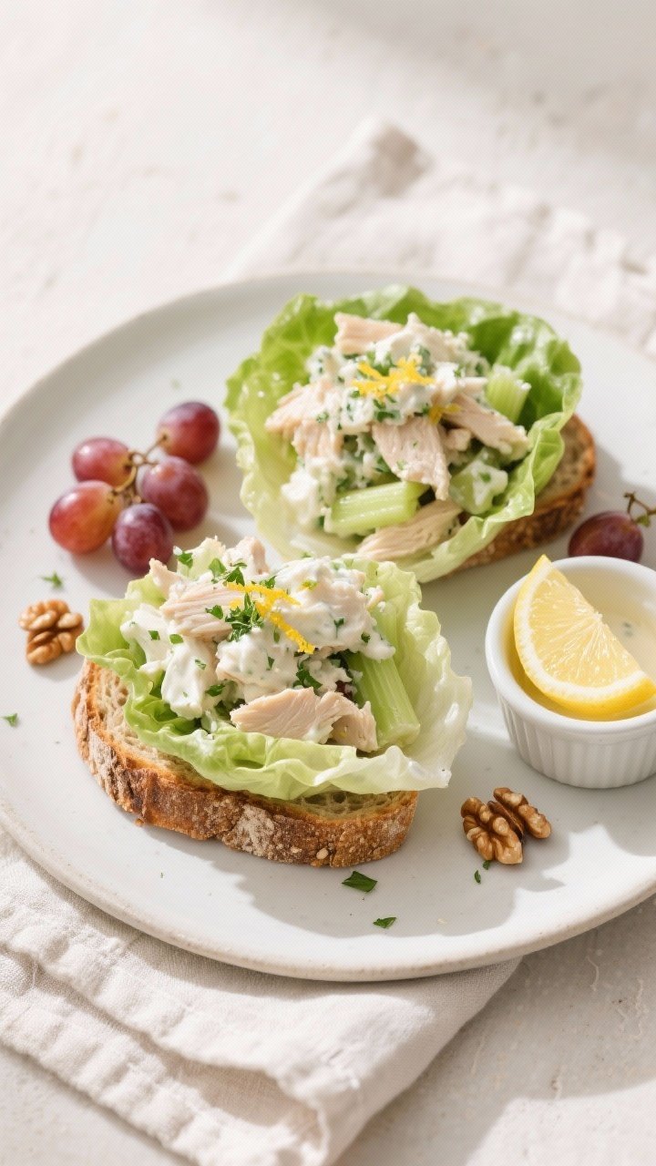 Final plated top-down shot: Overhead view of Greek yogurt chicken salad piled onto toasted whole-gra