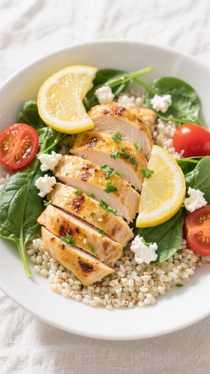 Final plated top view: Overhead shot of sliced grilled lemon-herb chicken fanned over fluffy white q