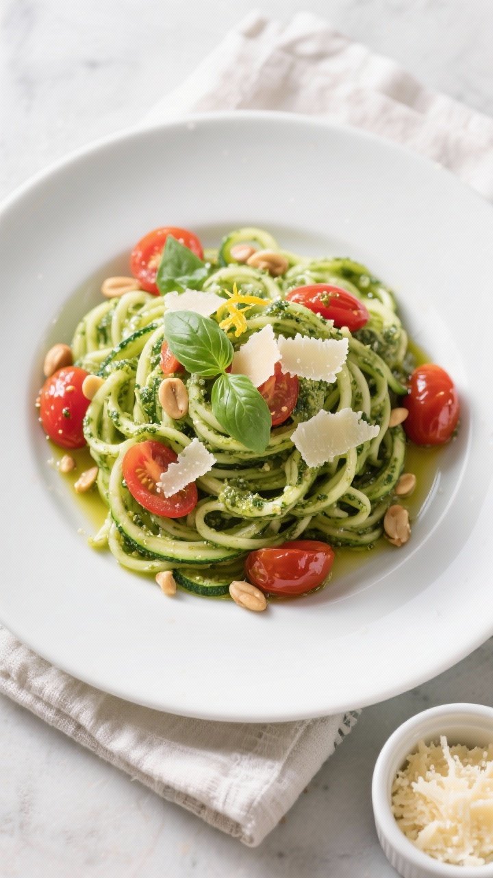 Final plated, top view: Overhead shot of Zucchini Noodles with Pesto and Cherry Tomatoes twirled int