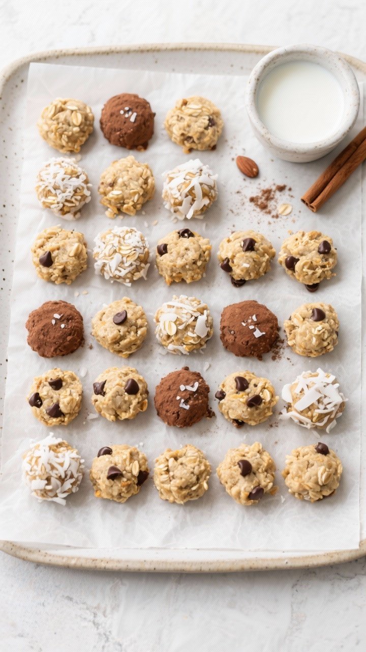 Final presentation, overhead: A neat grid of 16–20 no-bake oatmeal cookie dough bites on a parchme