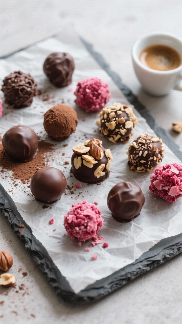 Final presentation overhead: Overhead shot of assorted keto espresso chocolate truffles set on a par
