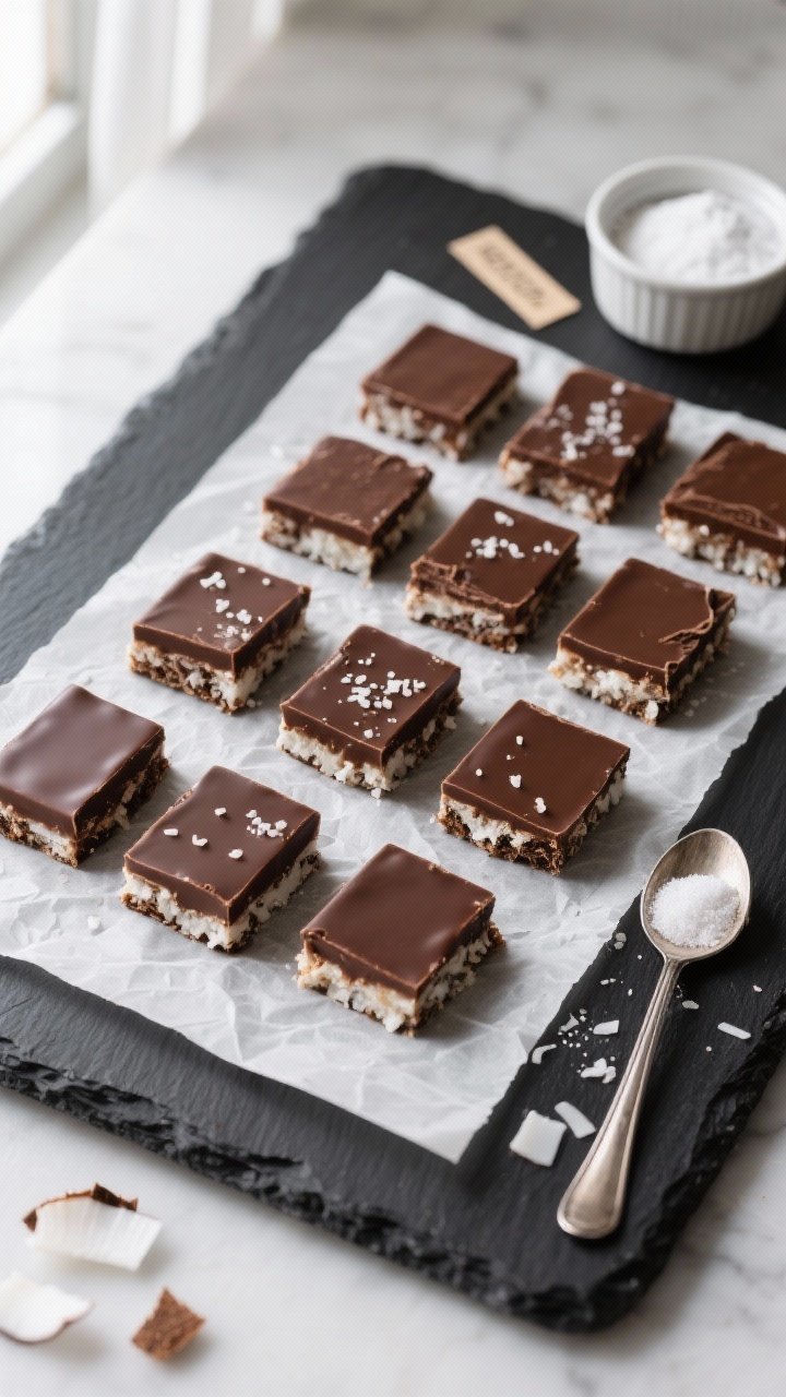 Final presentation overhead: Perfectly sliced keto chocolate coconut bars arranged in a neat grid on