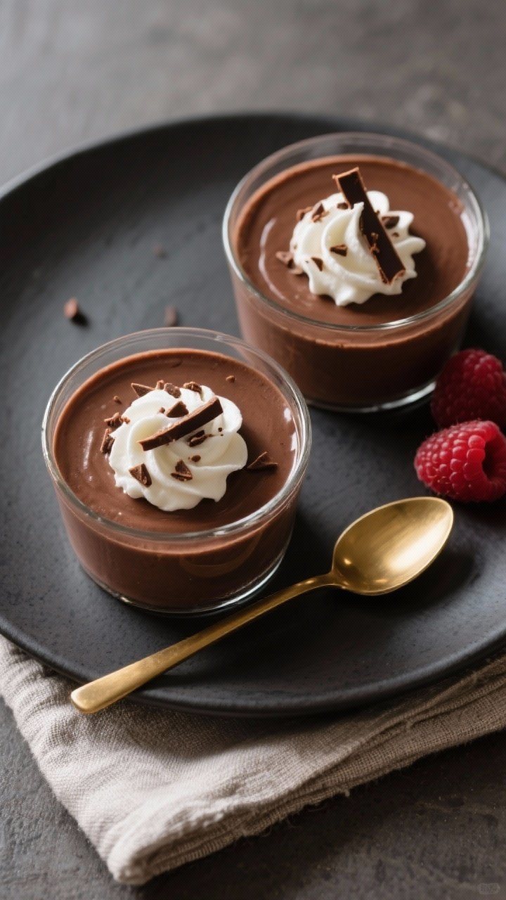 Final presentation overhead: Two small glass dessert cups filled with rich, chilled keto chocolate a