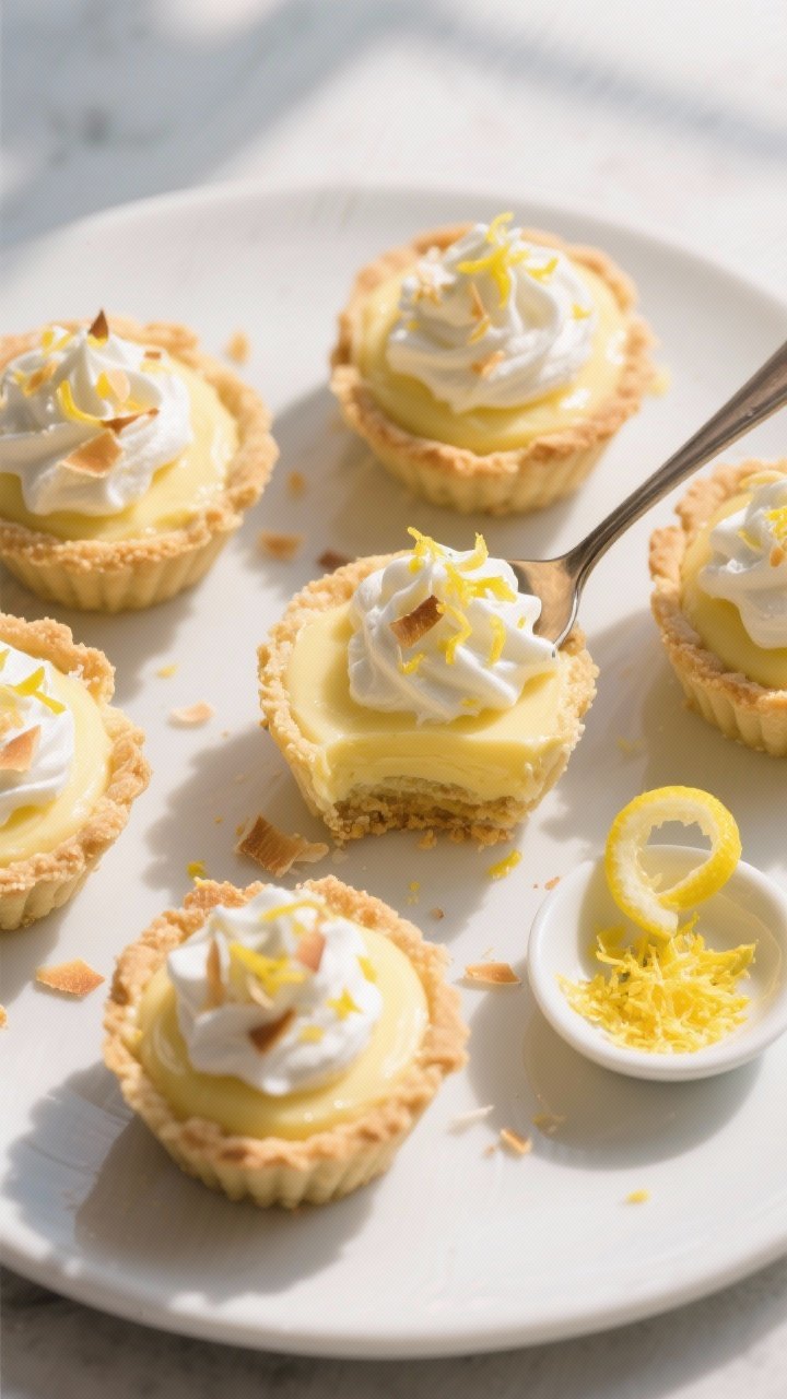 Final presentation top view: Overhead shot of Keto Lemon Coconut Cream Pie Cups arranged on a matte 