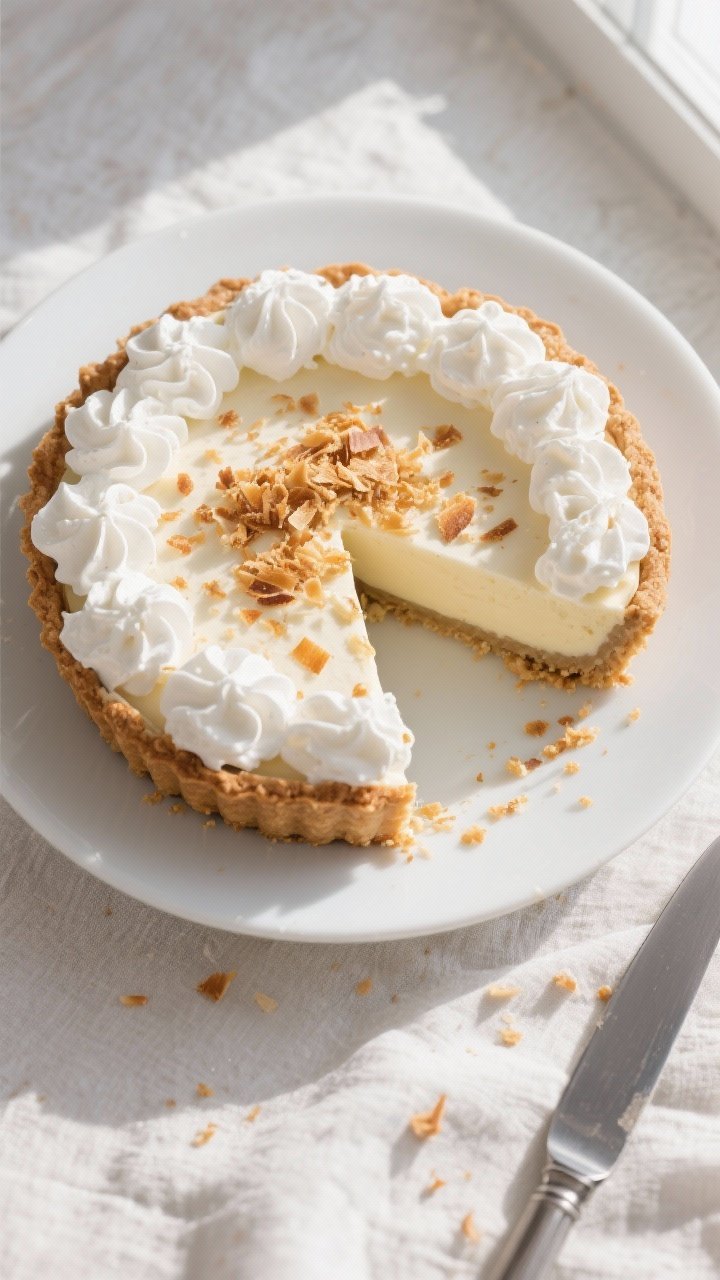 Final presentation top view: Overhead shot of the fully set Keto Toasted Coconut Cream Pie, topped w