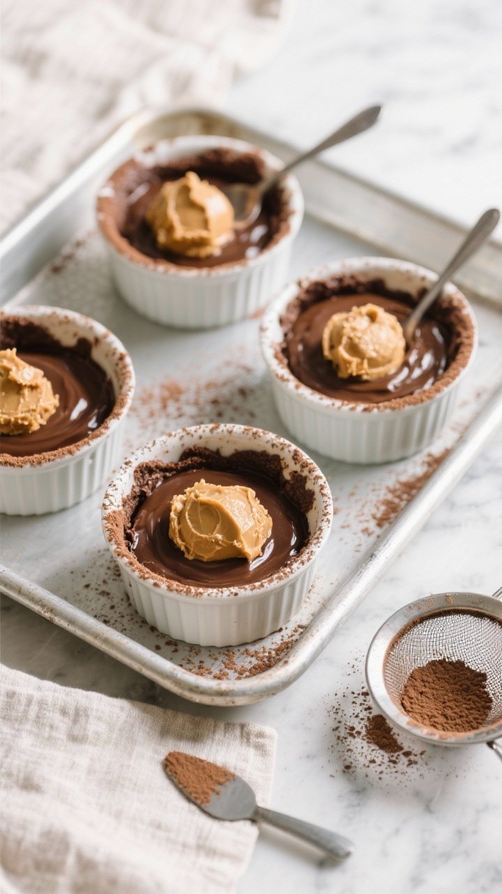 Overhead cooking-process shot: Four cocoa-dusted ramekins on a rimmed baking sheet, mid-assembly for