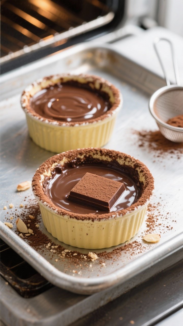 Overhead cooking-process shot of two cocoa-dusted, buttered 6-ounce ramekins on a baking sheet, each