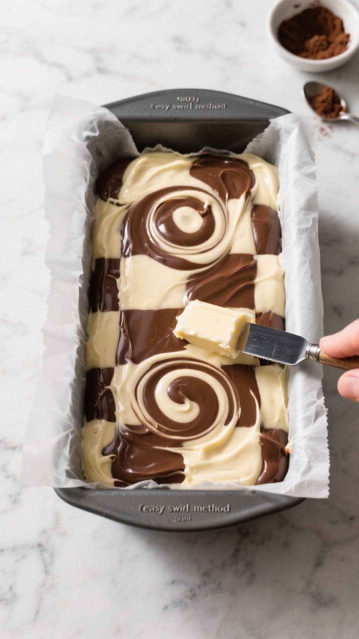 Overhead cooking process shot: The loaf pan lined with a neat parchment sling, filled with alternati