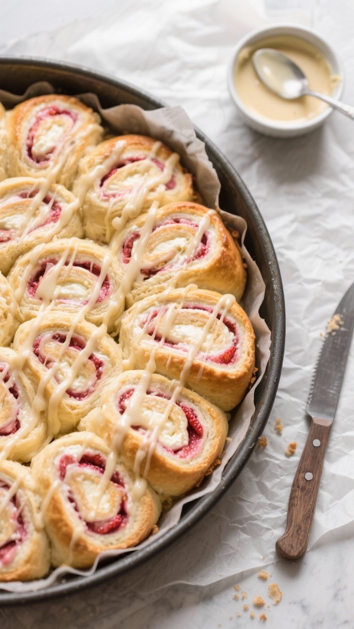 Overhead cooking-process shot: The sliced keto strawberry cream cheese rolls arranged snugly in a pa